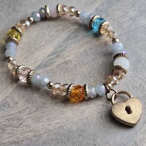 Elegant Multicolor Beaded Stretch Bracelet with Heart Charm